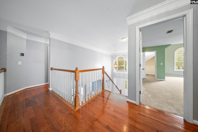 corridor featuring hardwood / wood-style flooring and ornamental molding