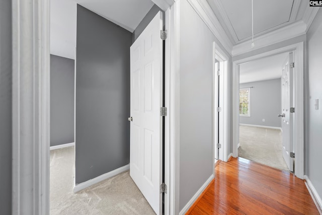 hallway with hardwood / wood-style flooring and ornamental molding