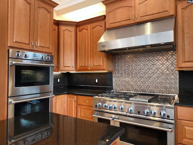 kitchen with crown molding, stainless steel appliances, range hood, decorative backsplash, and dark stone countertops