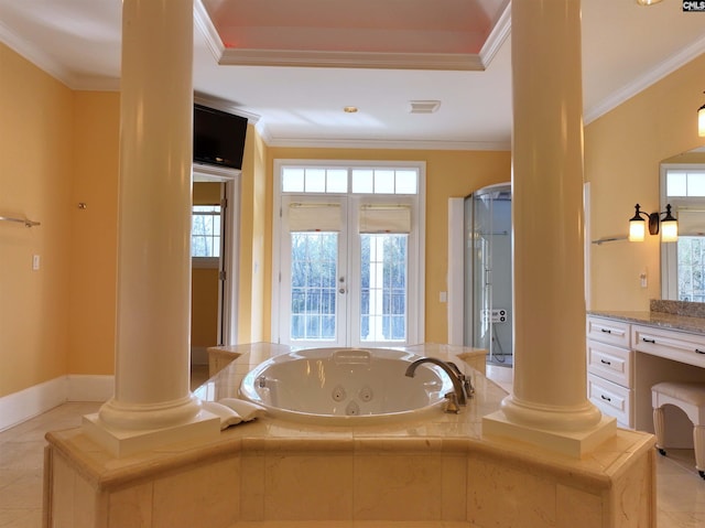 bathroom with a wealth of natural light, tile patterned floors, and crown molding