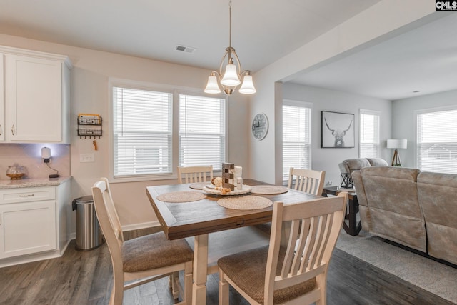 dining space featuring a wealth of natural light, dark hardwood / wood-style floors, and a notable chandelier