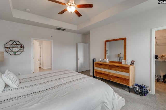 bedroom featuring a closet, a spacious closet, ceiling fan, and a raised ceiling