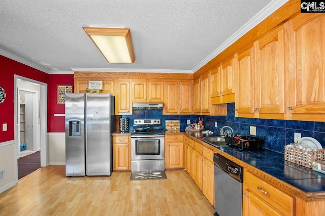 kitchen with tasteful backsplash, ornamental molding, appliances with stainless steel finishes, sink, and light hardwood / wood-style floors