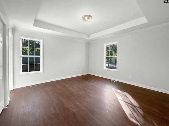 empty room featuring ornamental molding, dark wood-type flooring, and a raised ceiling