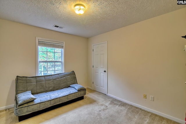 living area with light colored carpet and a textured ceiling