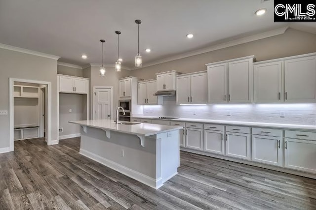 kitchen with pendant lighting, a kitchen island with sink, sink, decorative backsplash, and white cabinetry