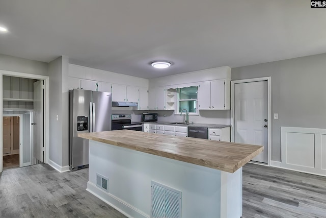 kitchen with white cabinetry, sink, black appliances, butcher block countertops, and light wood-type flooring