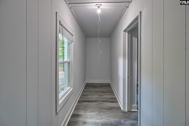 hallway featuring hardwood / wood-style flooring, a wealth of natural light, and ornamental molding