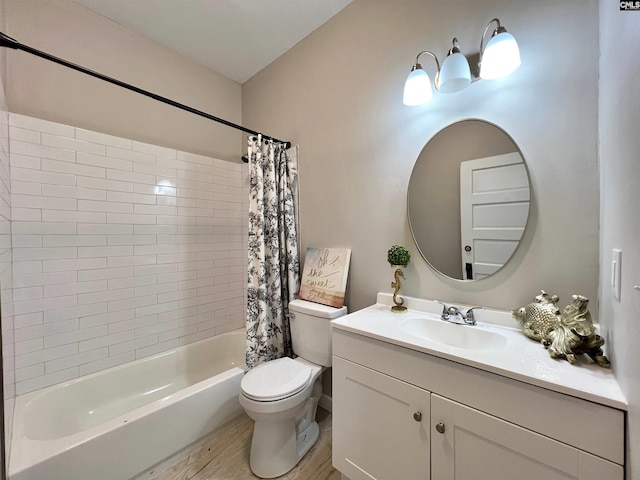 full bathroom featuring hardwood / wood-style flooring, vanity, toilet, and shower / bath combo with shower curtain