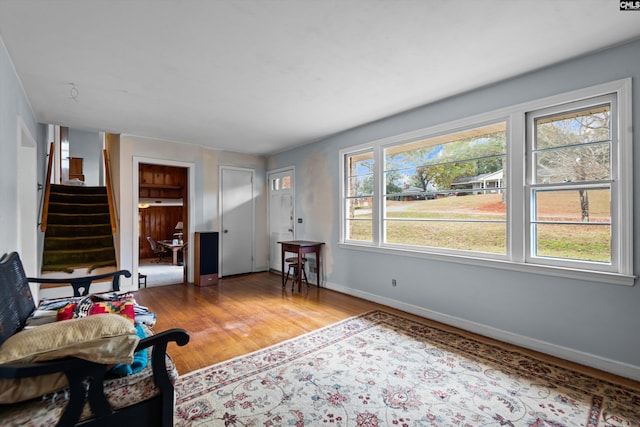 living room with wood-type flooring and plenty of natural light