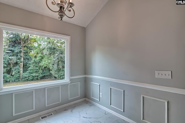 unfurnished room featuring lofted ceiling, a textured ceiling, and a healthy amount of sunlight