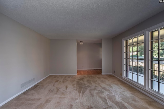 spare room with a textured ceiling and light carpet