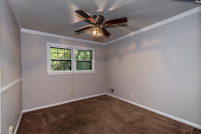 unfurnished room with ornamental molding, dark colored carpet, a textured ceiling, and ceiling fan