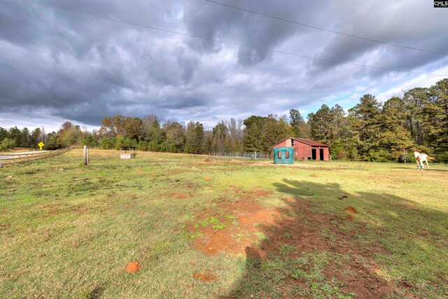 view of yard with an outdoor structure and a rural view