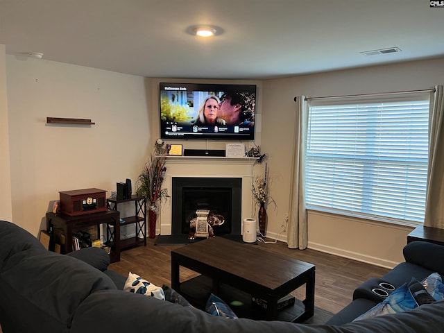 living room with dark wood-type flooring