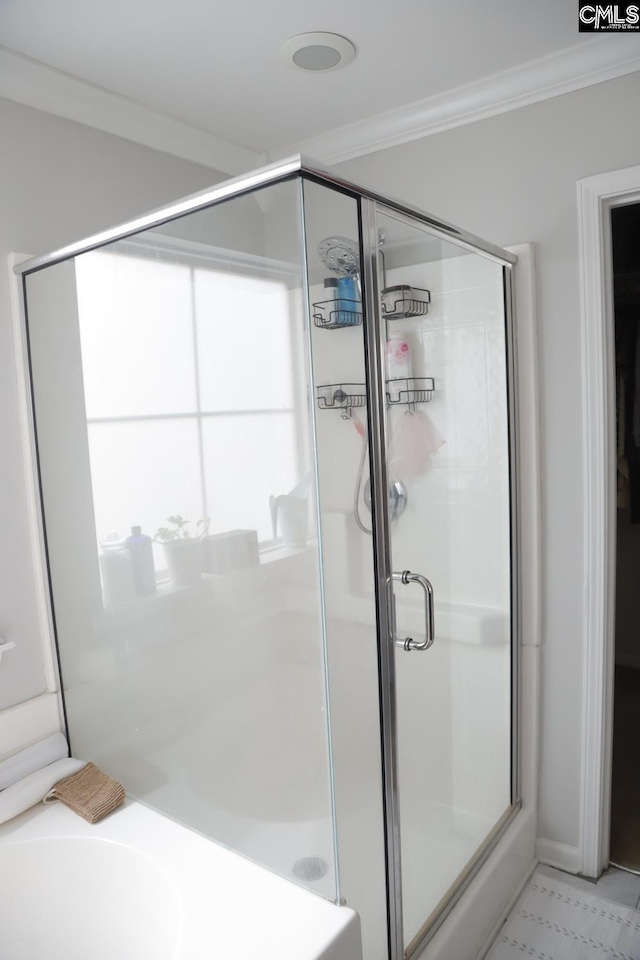 bathroom featuring a wealth of natural light, a shower with door, and ornamental molding