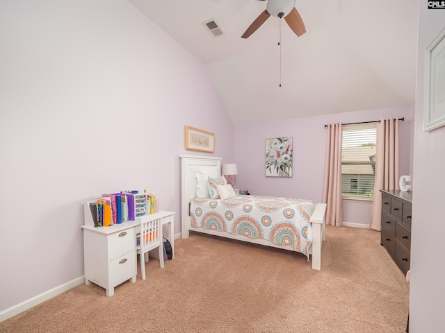 carpeted bedroom with high vaulted ceiling and ceiling fan