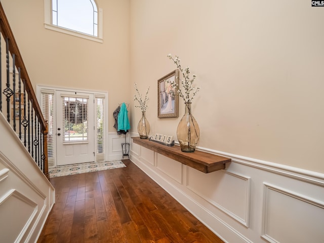 entrance foyer with a towering ceiling, dark wood-type flooring, and a healthy amount of sunlight