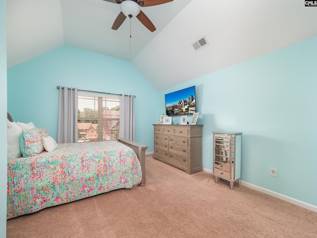 carpeted bedroom featuring lofted ceiling and ceiling fan