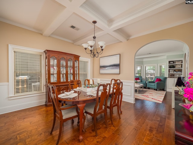 dining space with dark hardwood / wood-style flooring, beam ceiling, a chandelier, and coffered ceiling