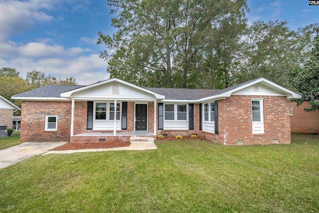 single story home with covered porch and a front lawn