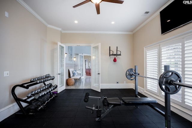 workout area with french doors, ceiling fan, and crown molding