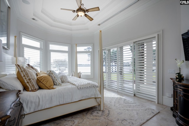 1118 Marble Arch Ct, Chapin, SC 29036 - tiled bedroom with crown molding, access to outside, a raised ceiling, and a ceiling fan