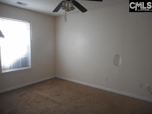 spare room with carpet, a textured ceiling, and ceiling fan