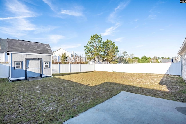 view of yard featuring a patio and a storage shed