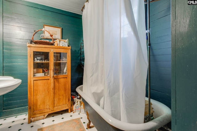 bathroom with wooden walls