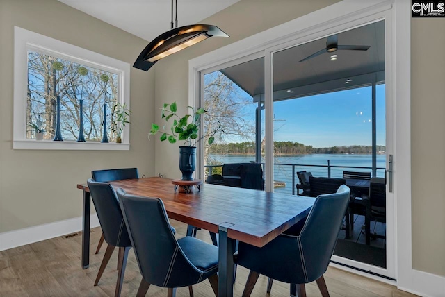 dining area featuring a healthy amount of sunlight, a water view, and light hardwood / wood-style flooring