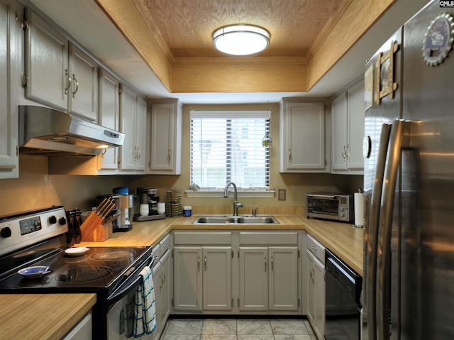 kitchen featuring stainless steel appliances, a tray ceiling, and sink