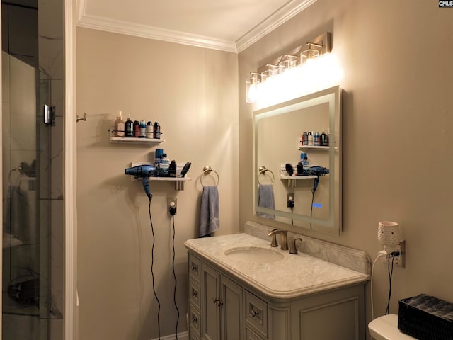 bathroom featuring vanity, walk in shower, and crown molding