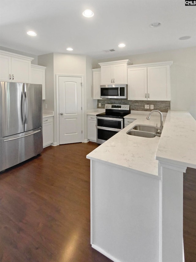 kitchen featuring decorative backsplash, dark hardwood / wood-style flooring, stainless steel appliances, sink, and white cabinets