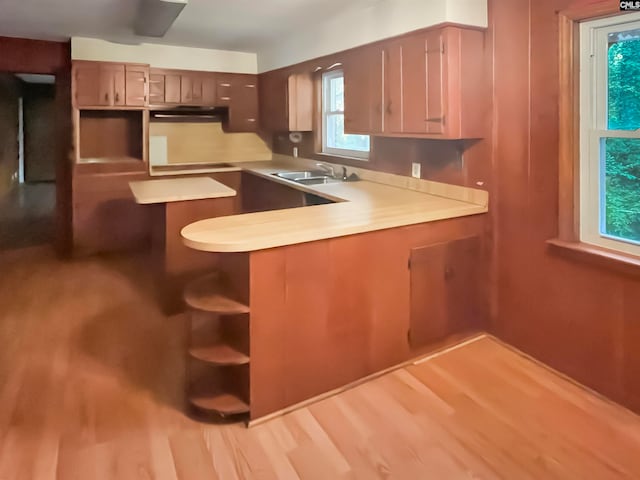 kitchen featuring light hardwood / wood-style floors, kitchen peninsula, and sink