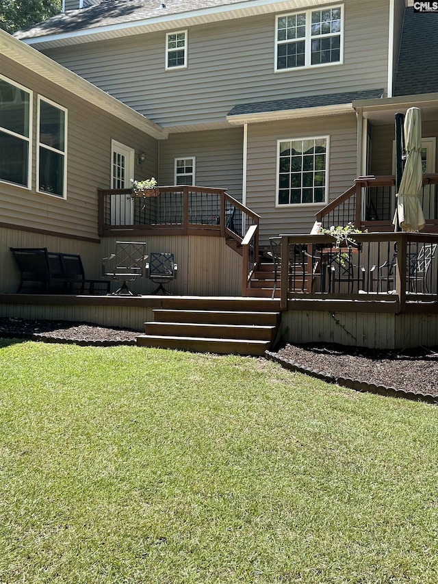 1110 Eleazer Rd, Irmo, SC 29063 - rear view of property featuring a deck, a yard, and stairway