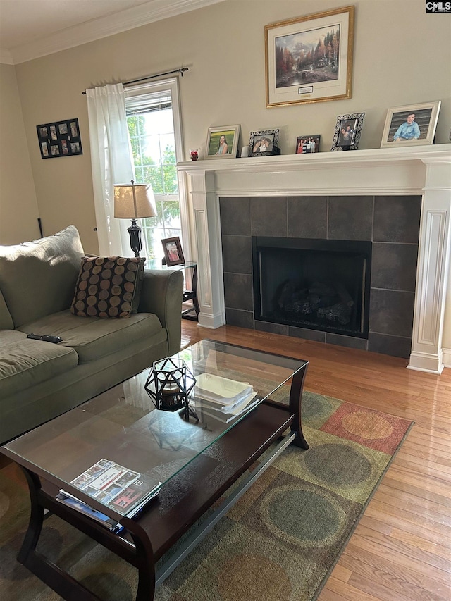 living room featuring hardwood / wood-style flooring, ornamental molding, and a fireplace