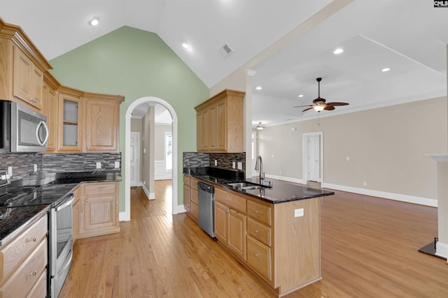 kitchen with sink, vaulted ceiling, decorative backsplash, light wood-type flooring, and appliances with stainless steel finishes