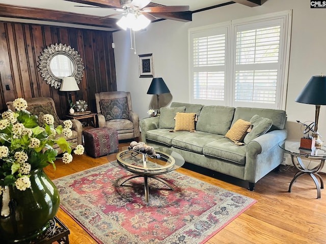 living room featuring ceiling fan, crown molding, light hardwood / wood-style flooring, and beamed ceiling