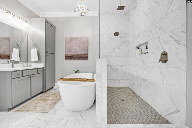 bathroom with separate shower and tub, vanity, and a chandelier