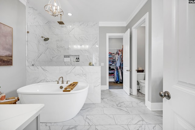 bathroom with toilet, ornamental molding, shower with separate bathtub, and an inviting chandelier