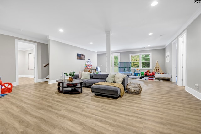 living room with light hardwood / wood-style flooring and crown molding