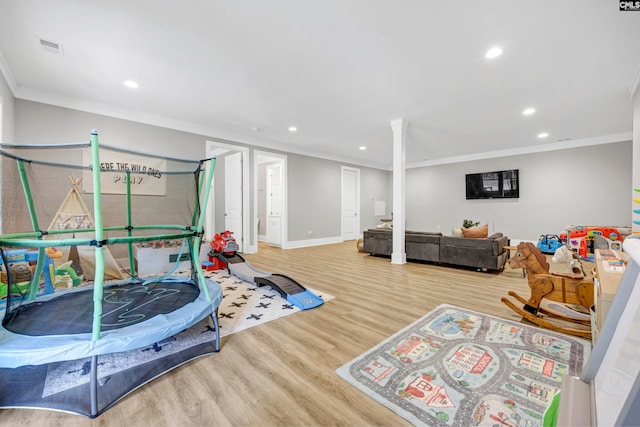 game room with wood-type flooring and ornamental molding