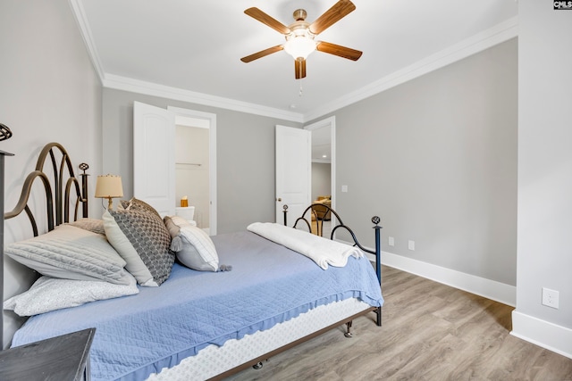 bedroom featuring ceiling fan, ornamental molding, and light wood-type flooring