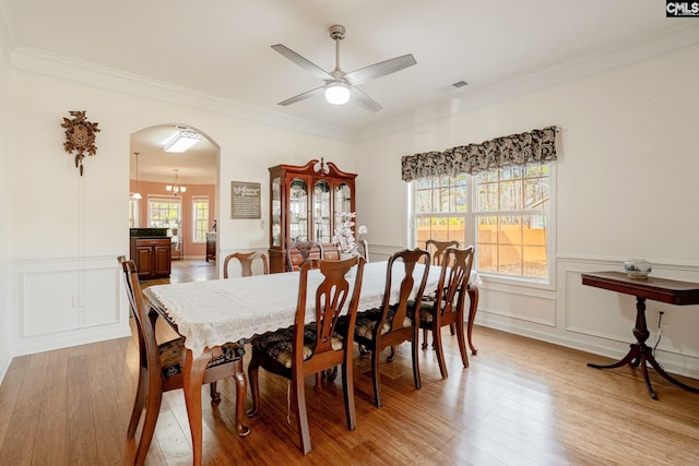 dining space featuring ceiling fan with notable chandelier, light hardwood / wood-style floors, and crown molding