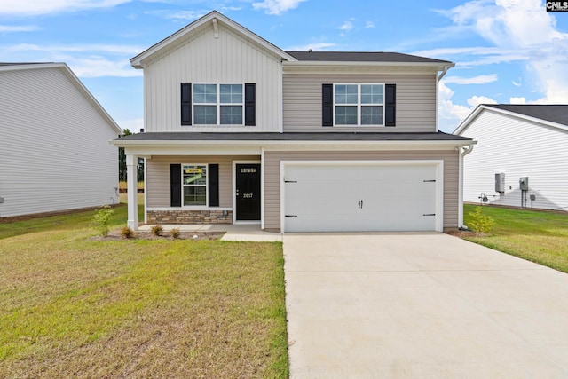 view of front of property featuring a front lawn, a porch, and a garage