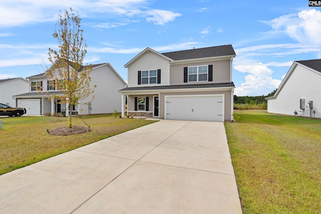 front facade featuring a front yard and a garage