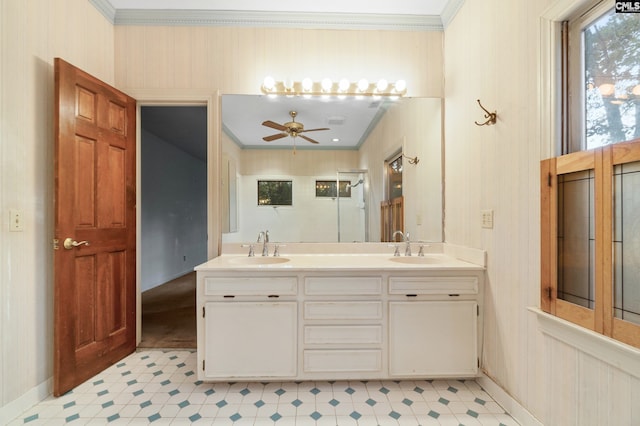 bathroom featuring vanity, ceiling fan, and ornamental molding