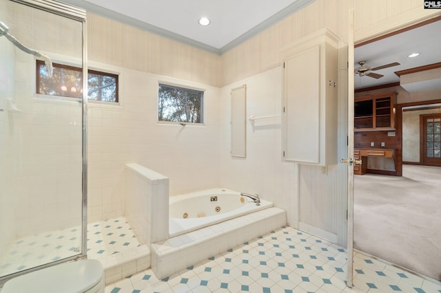 bathroom featuring separate shower and tub, crown molding, ceiling fan, and toilet