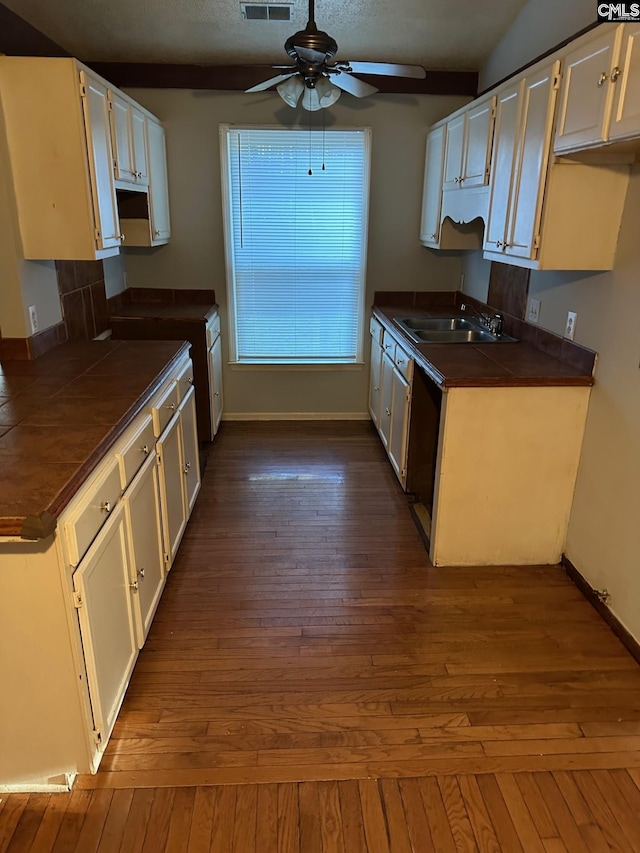 kitchen with white cabinets and dark wood-type flooring